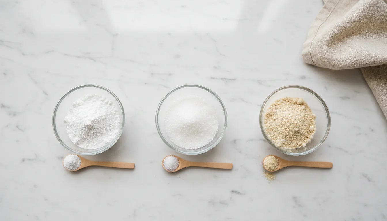 Three bowls containing different forms of magnesium powder on marble surface