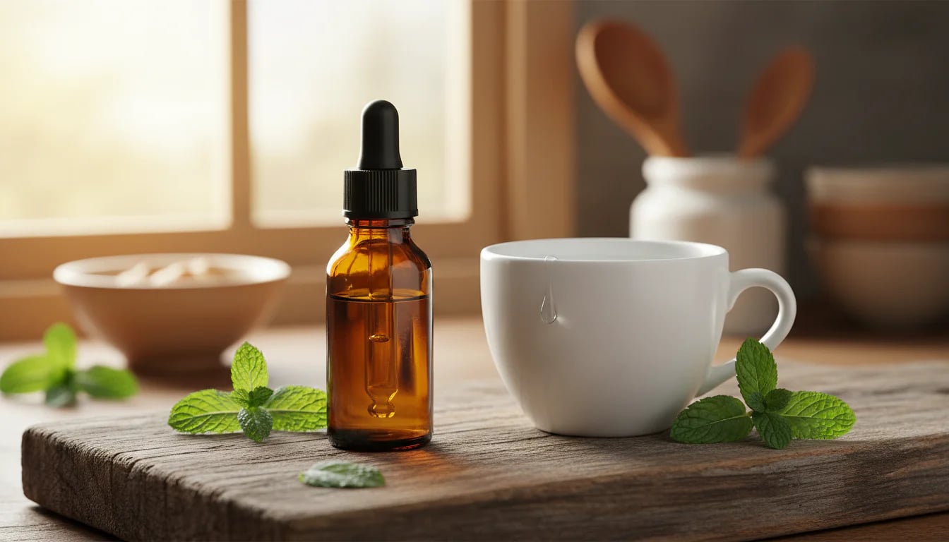 Amber dropper bottle with water cup and fresh mint leaves in morning light