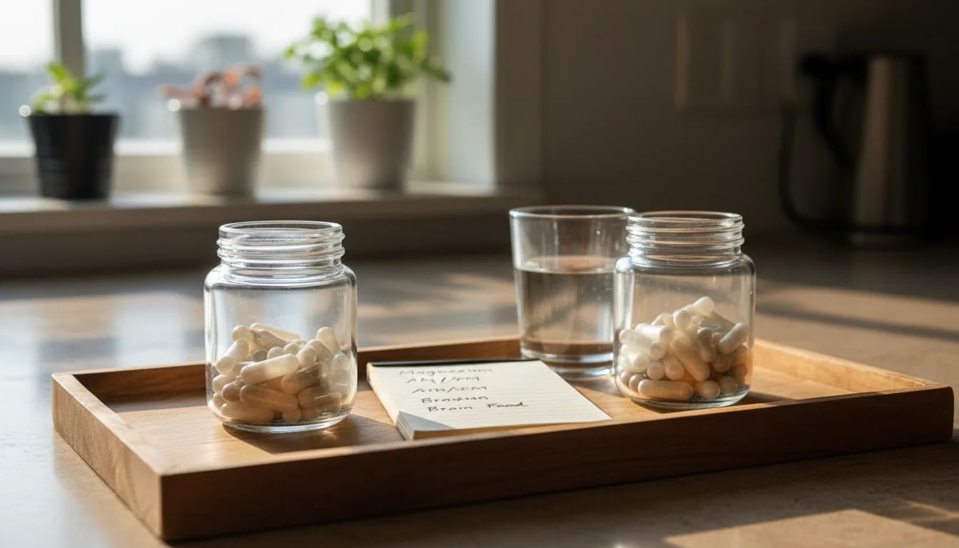 Morning and evening supplement containers on wooden tray with notebook