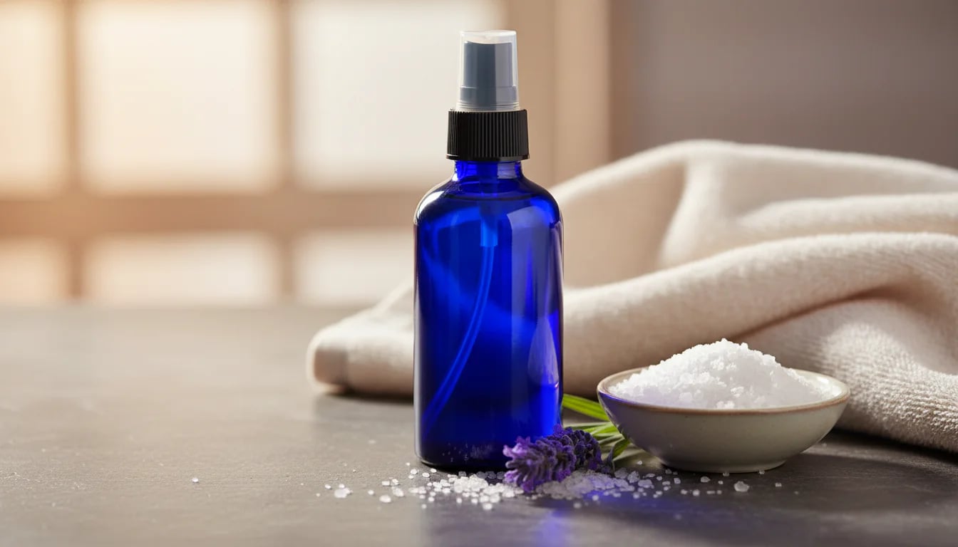 Magnesium oil spray bottle with Epsom salts and lavender on stone surface