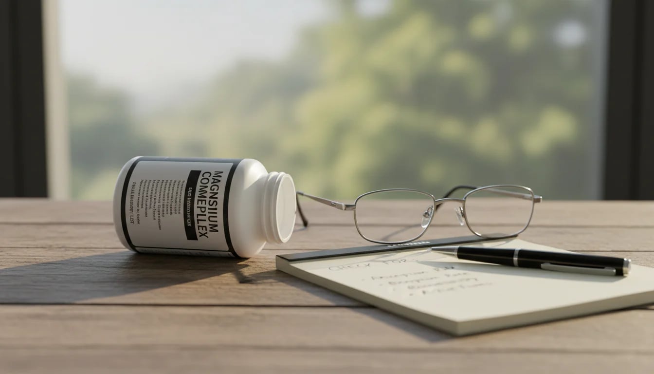 Supplement bottle with visible label, reading glasses, and notepad on white surface