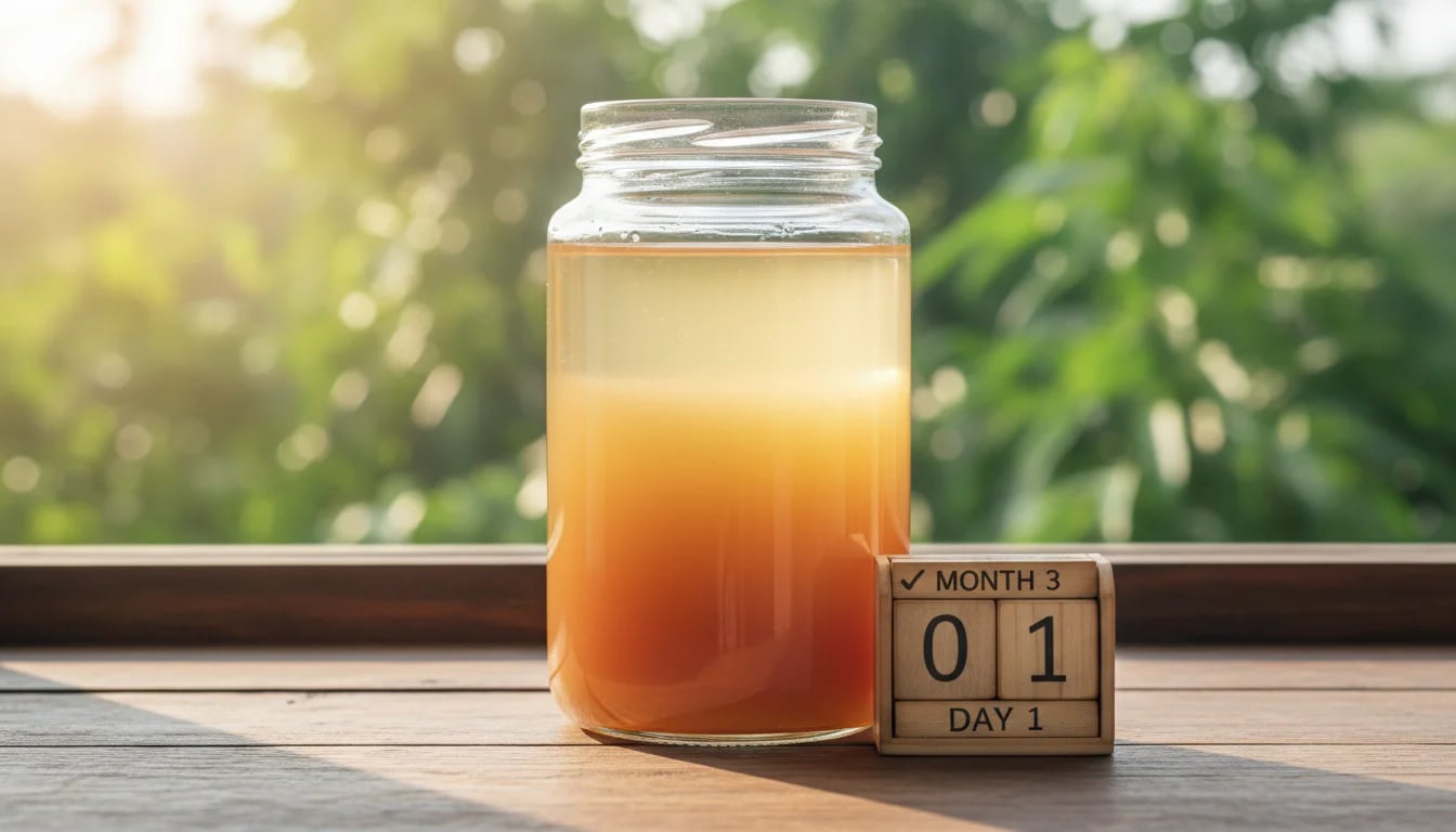 Glass jar with gradient layers on windowsill representing gradual improvement over time