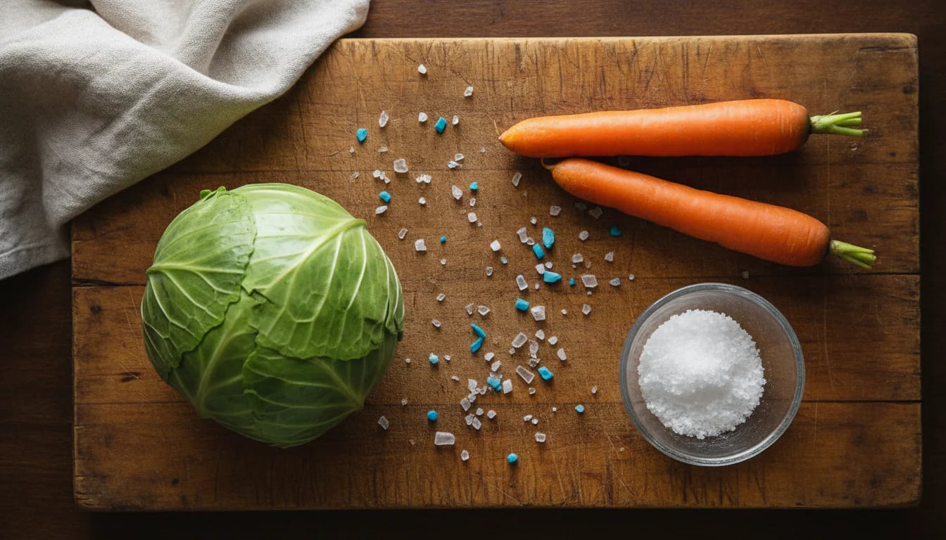 Fresh vegetables on cutting board with small plastic fragments scattered among them