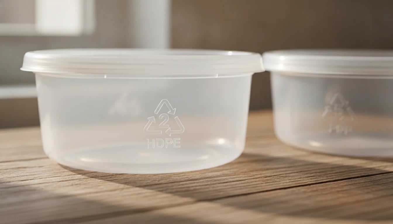 Bottom of plastic container showing HDPE #2 recycling symbol