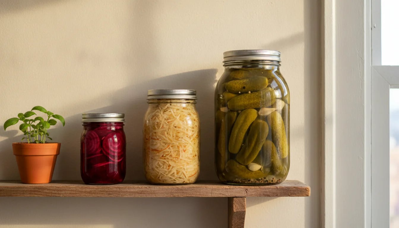 Three glass mason jars containing colorful ferments on wooden shelf
