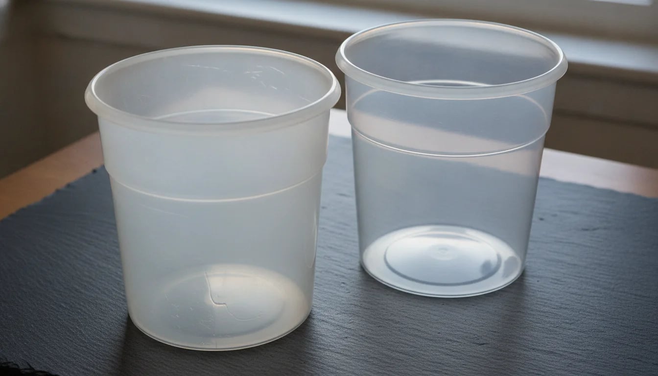 Worn plastic fermentation container showing cloudiness and scratches next to new container