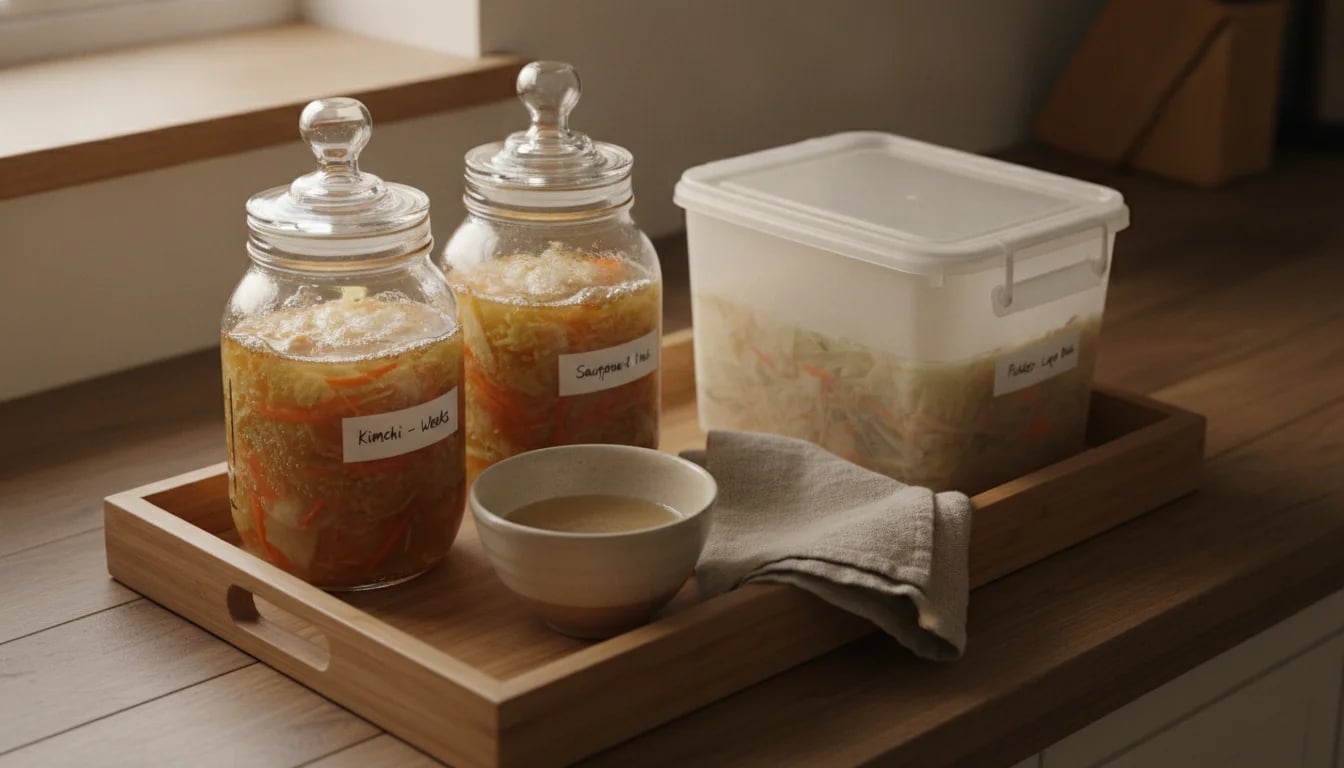 Kitchen fermentation station with glass jars and plastic container organized on bamboo tray
