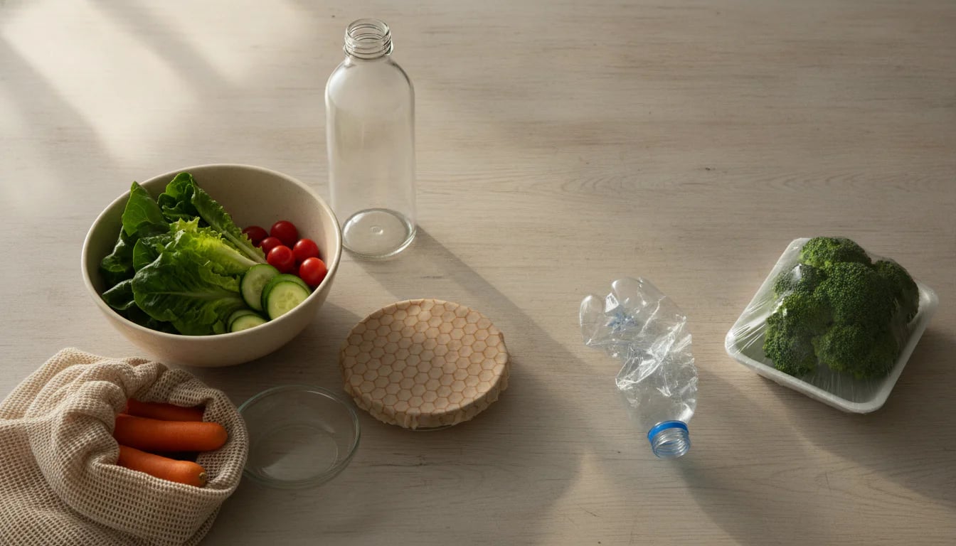 Kitchen table with reusable containers and fresh vegetables alongside plastic alternatives