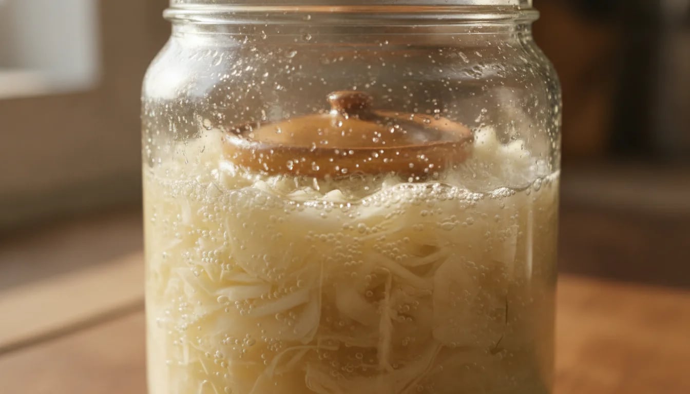 Close-up of fermenting vegetables with visible bubbles in cloudy brine