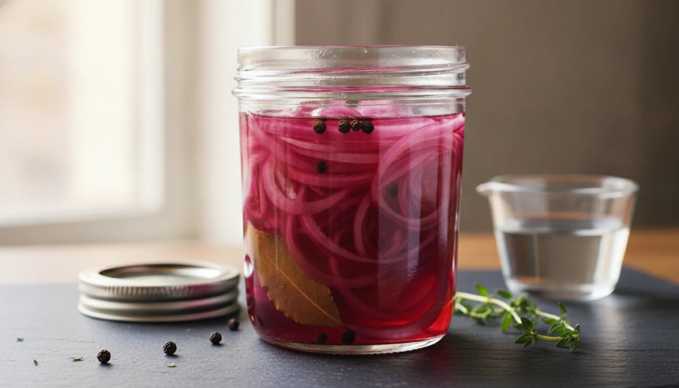 Jar of bright pink pickled onions in clear vinegar brine