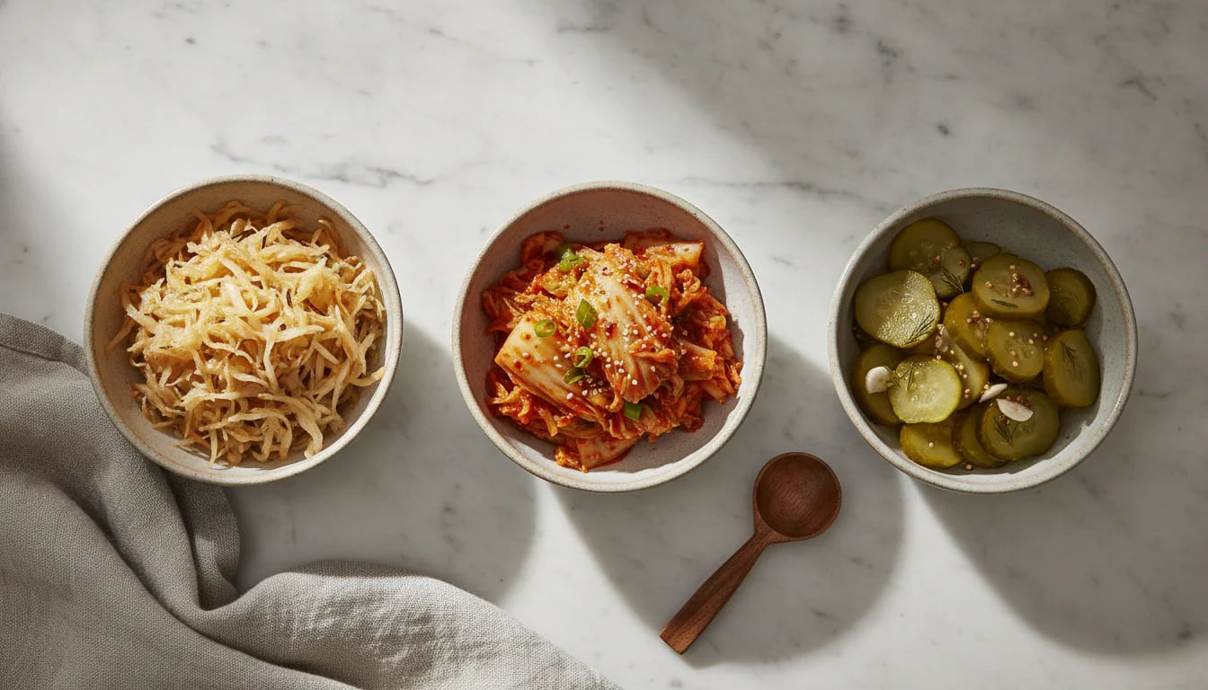 Three bowls of different fermented foods showing variety and color