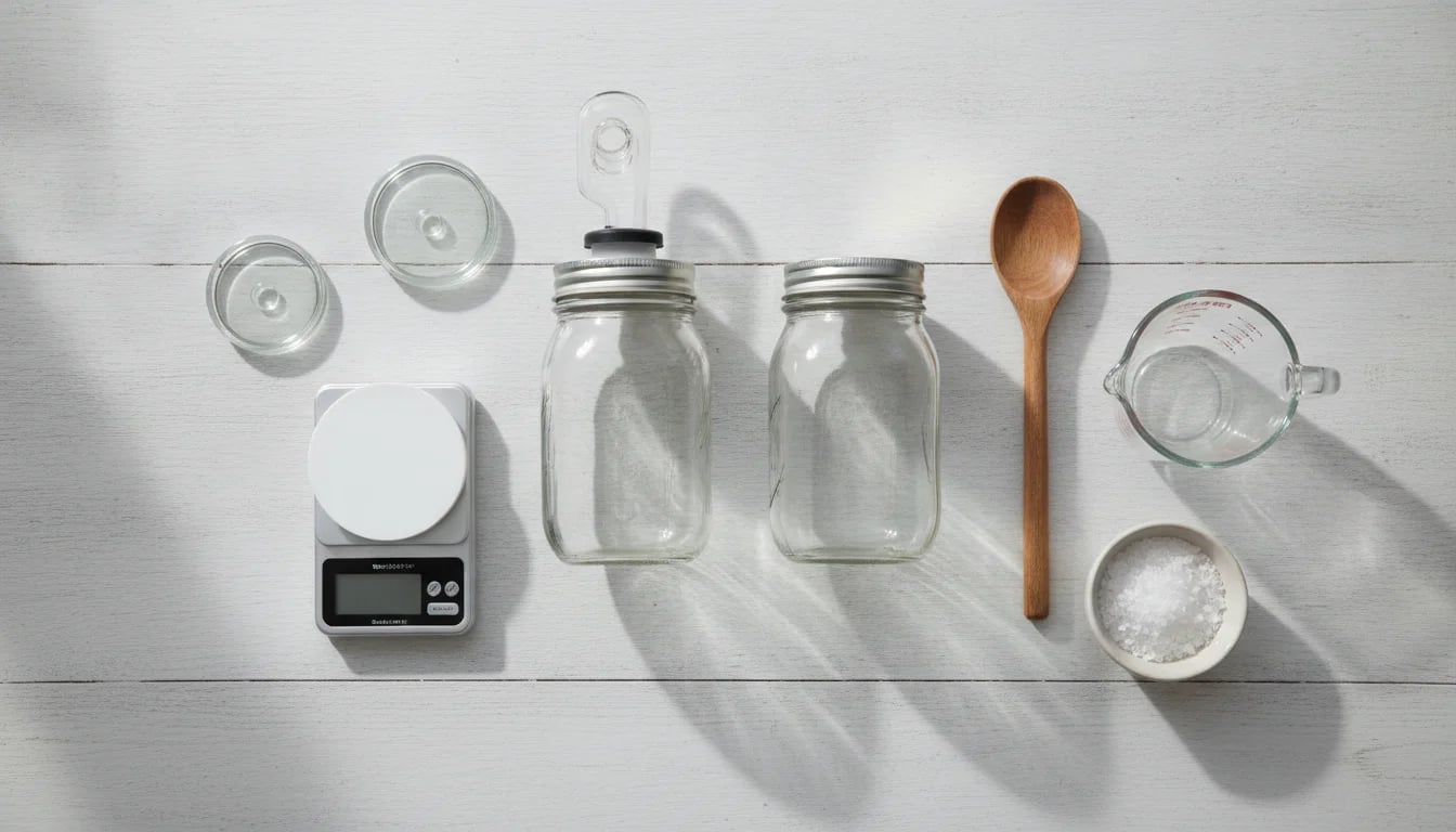 Overhead view of fermentation and pickling equipment and tools
