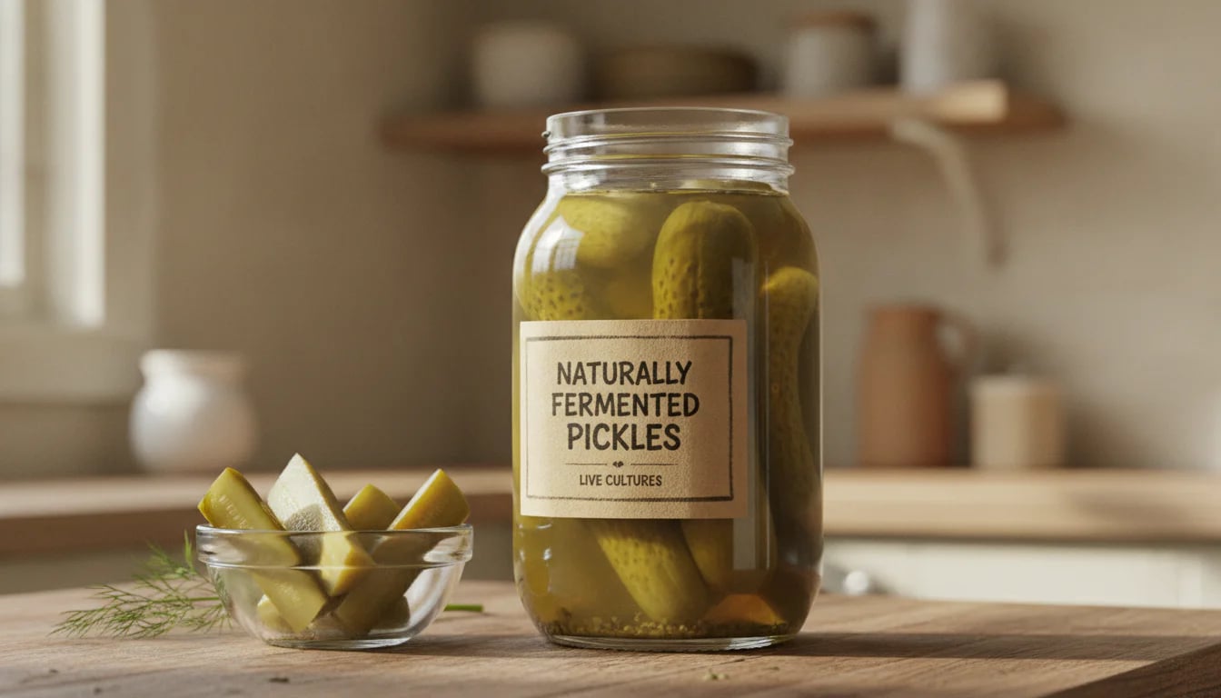 Jar of fermented pickles with visible label and cloudy brine