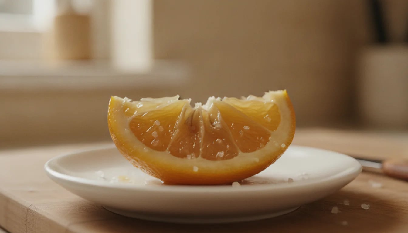 Close-up of softened preserved lemon quarter showing translucent golden peel