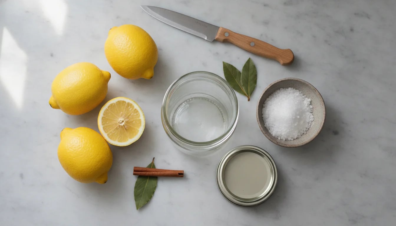 Overhead view of lemons, salt, and mason jar arranged on marble surface