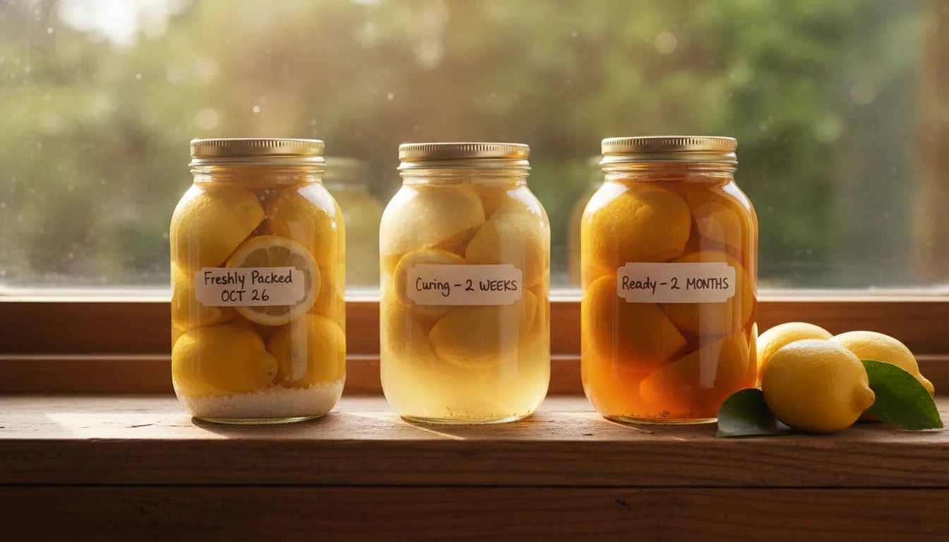Three jars of preserved lemons at different fermentation stages on wooden shelf
