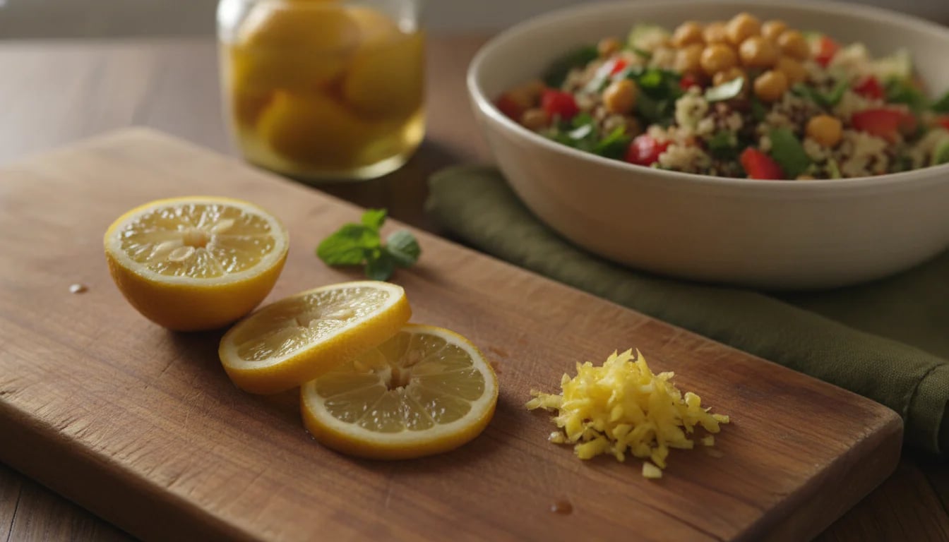 Sliced preserved lemon on cutting board with grain salad in background