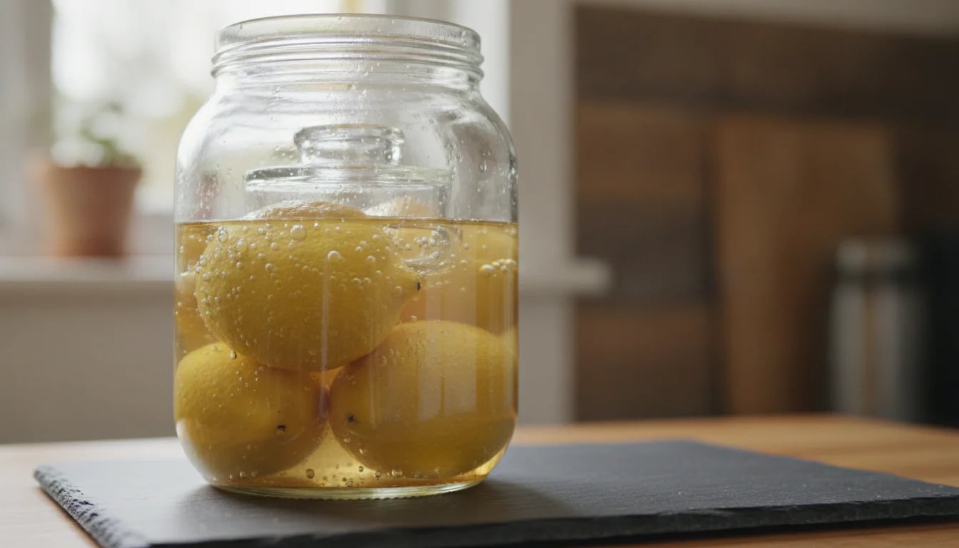 Side view of fermenting lemons submerged under brine with glass weight