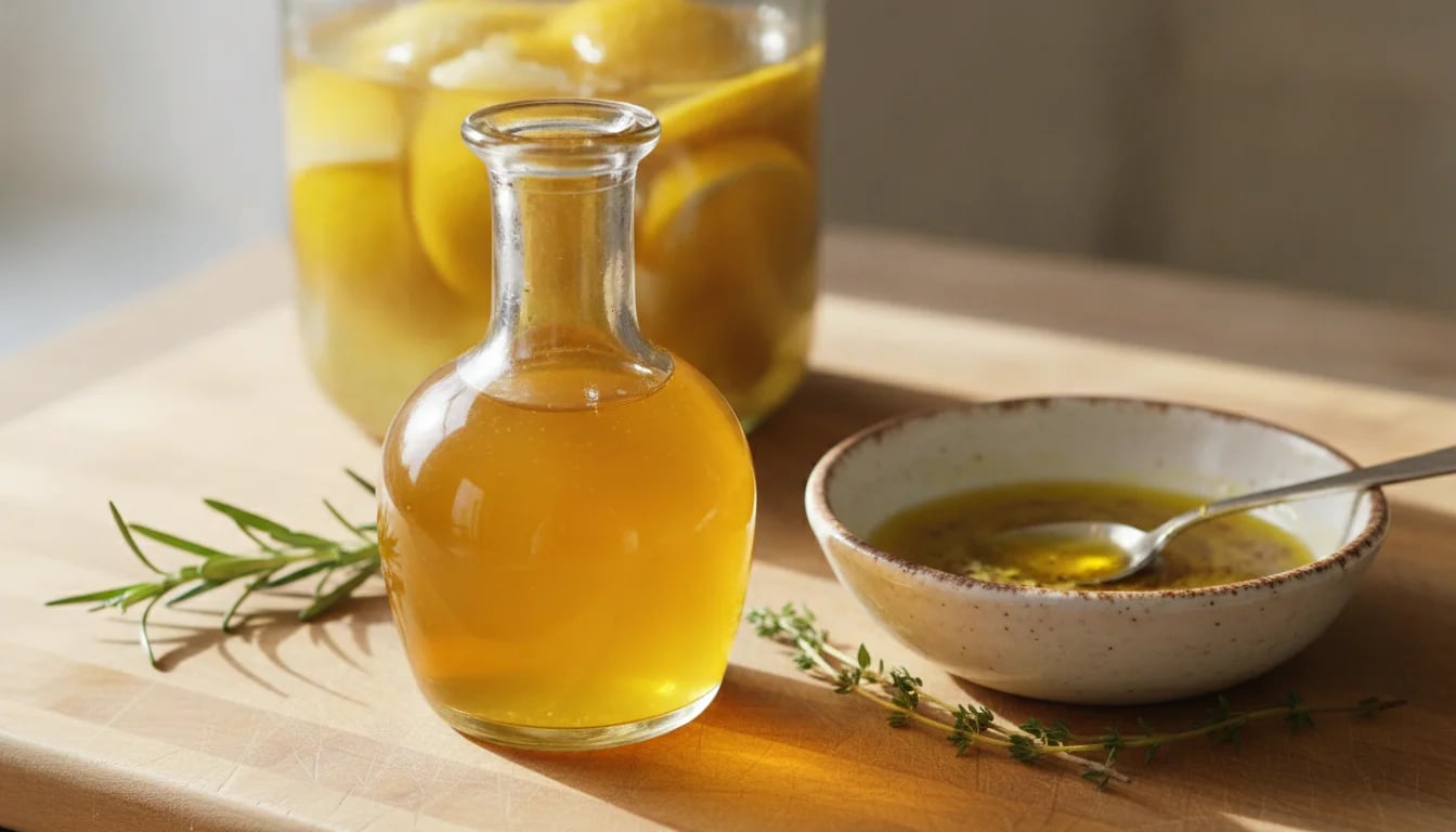 Glass bottle of golden preserved lemon brine with salad dressing preparation