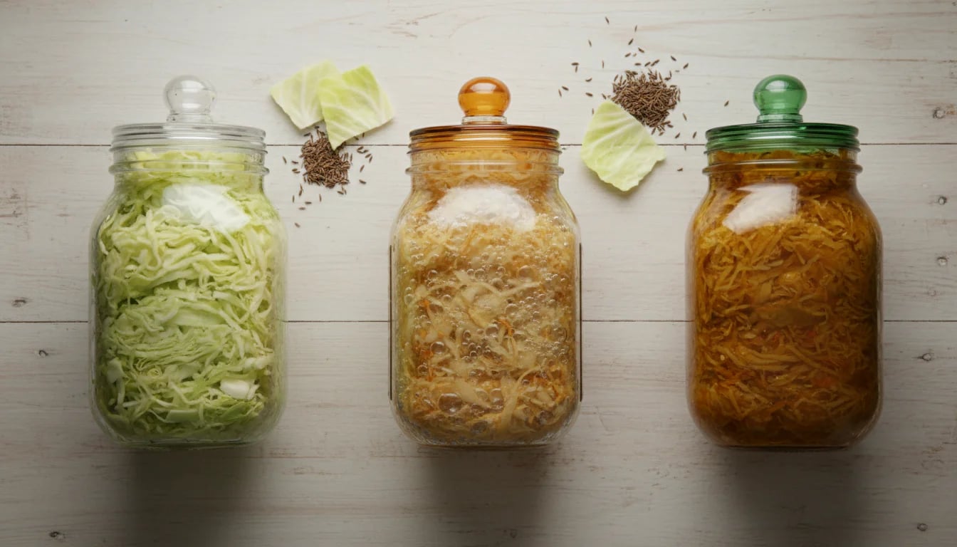 Three jars showing progression of sauerkraut fermentation from fresh to fully fermented