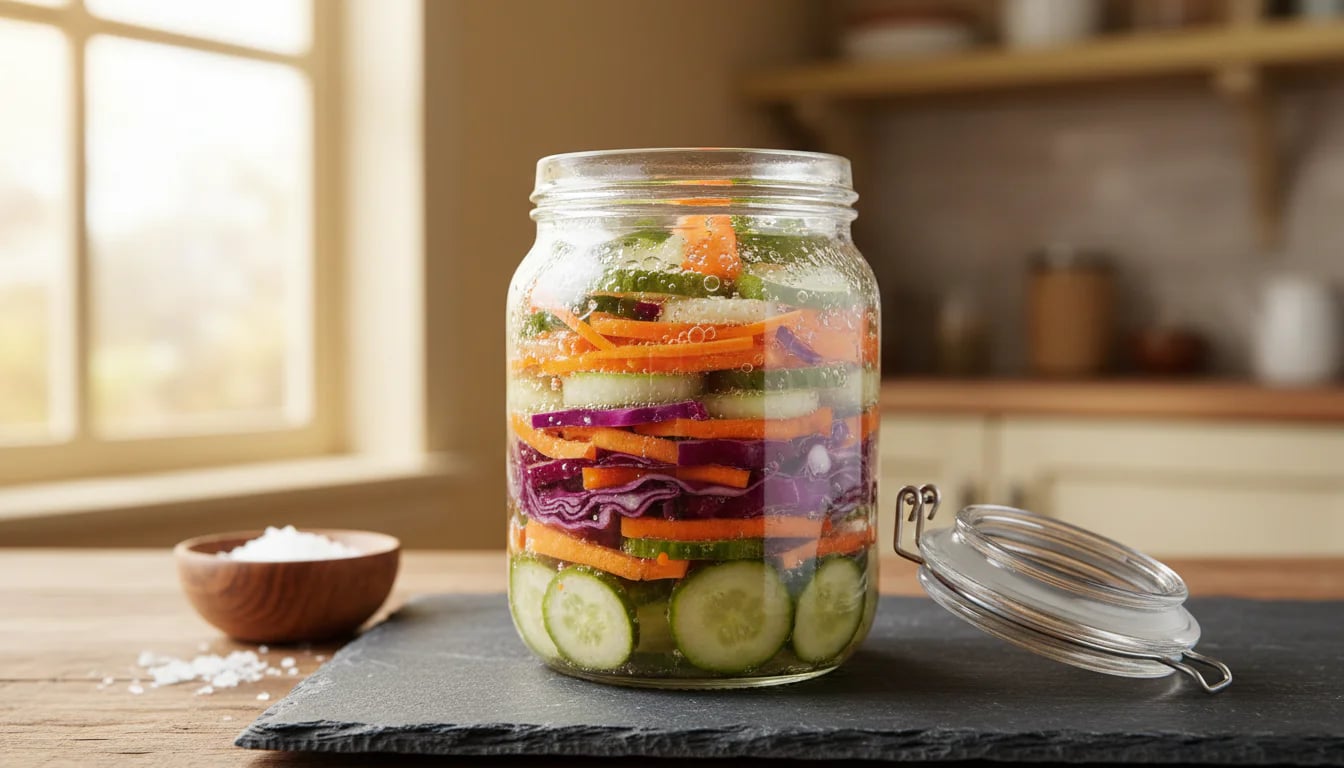 Glass jar of colorful fermented vegetables showing layers of carrots, cabbage, and cucumbers