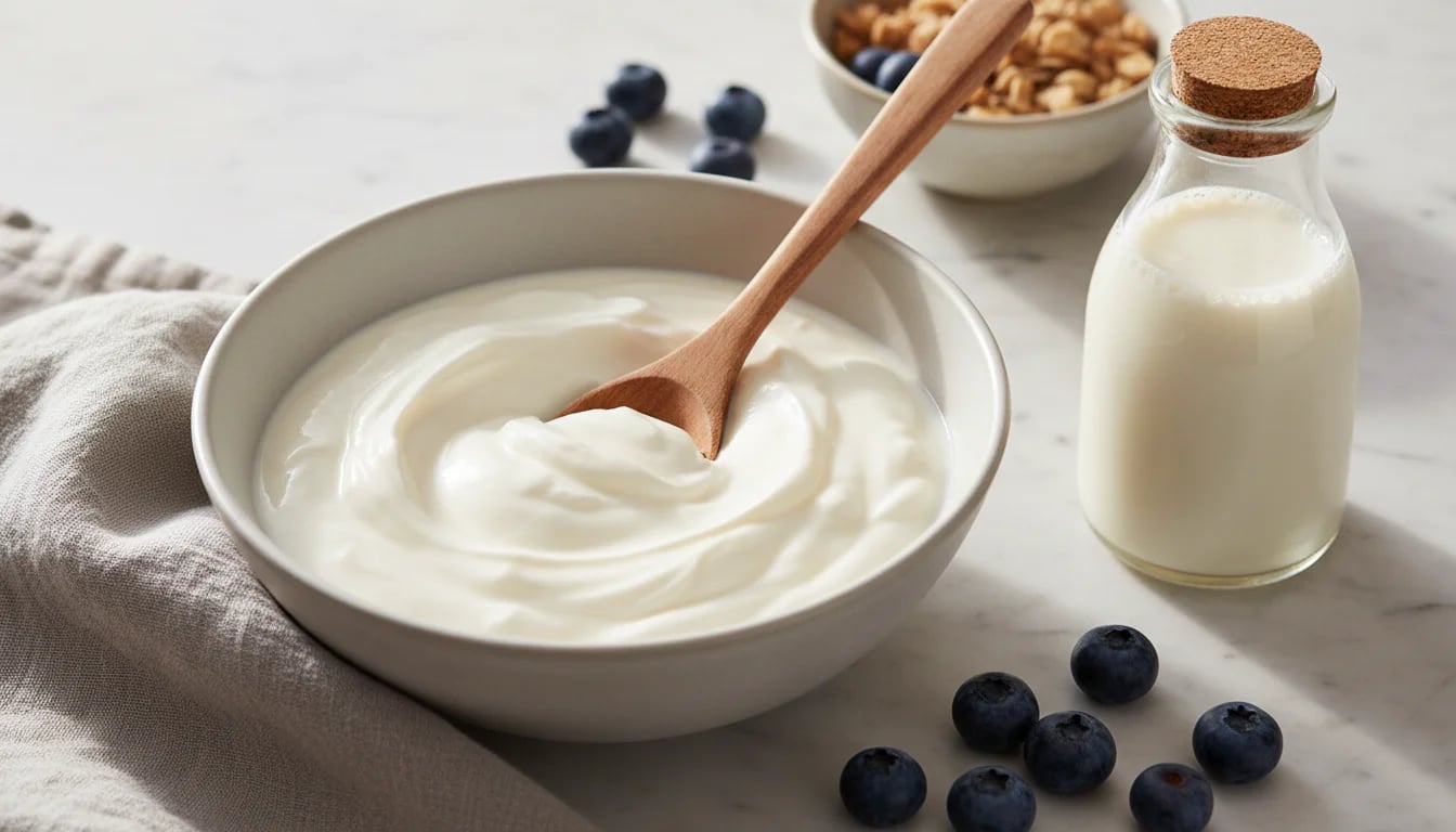 Bowl of white yogurt with wooden spoon and bottle of kefir on marble surface