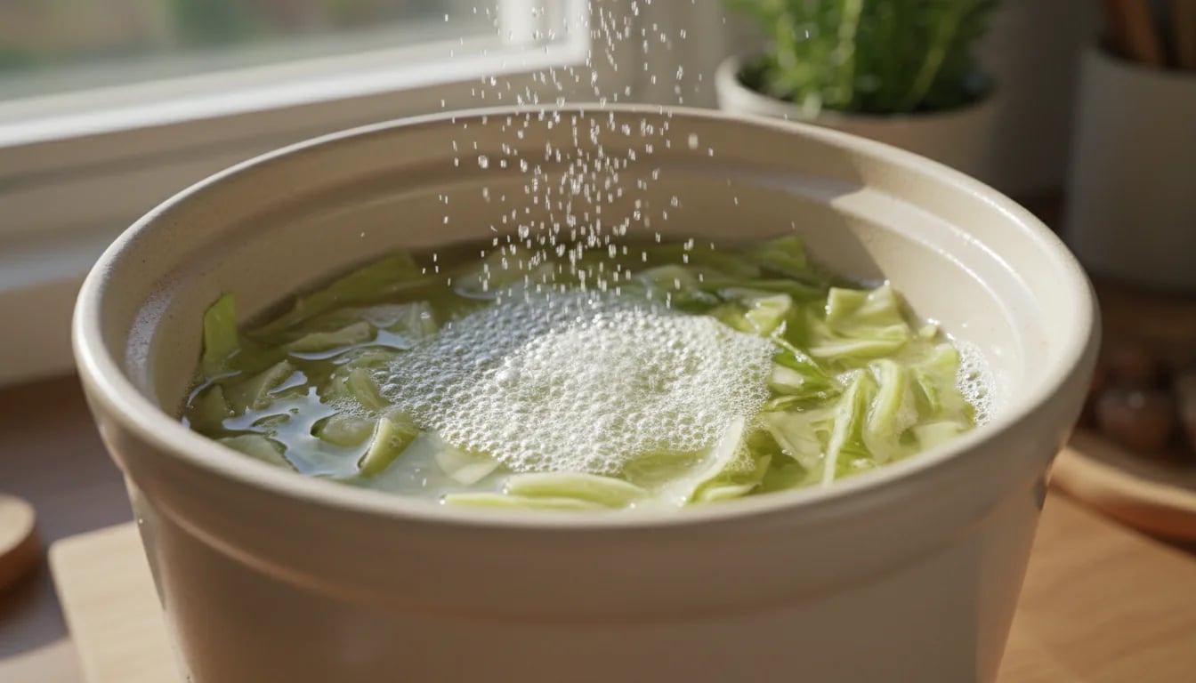 Close-up of fermentation crock showing active bubbles rising through brine with fresh cabbage