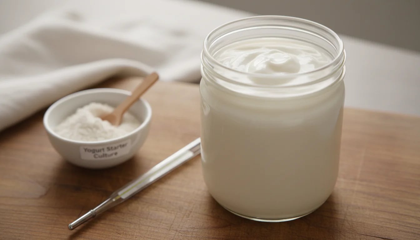 Jar of homemade yogurt with thermometer and starter culture on wooden board