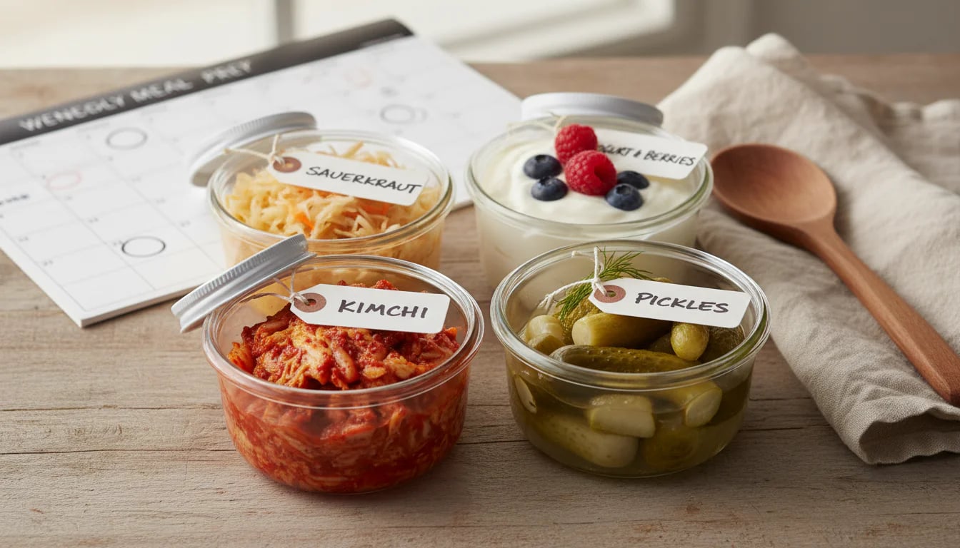 Four glass containers with different fermented foods arranged for weekly meal prep