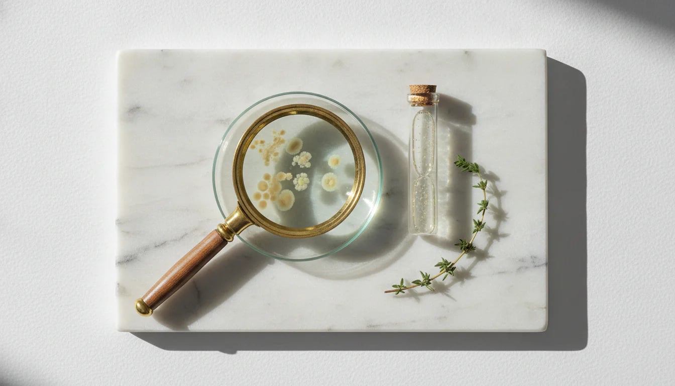 Petri dish with bacterial colonies and glass vial on marble, representing probiotic science