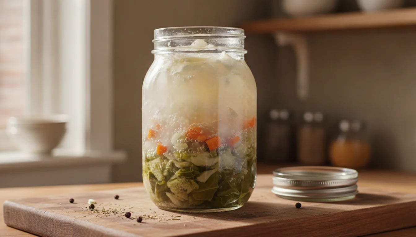 Mason jar showing layered fermentation with cloudy brine and visible bubbles