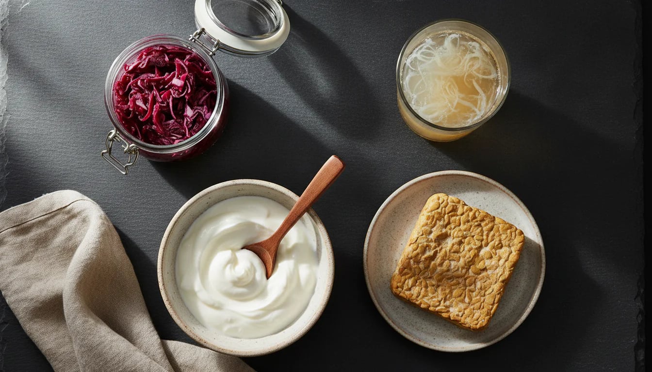Overhead arrangement of sauerkraut, yogurt, tempeh, and kombucha on slate