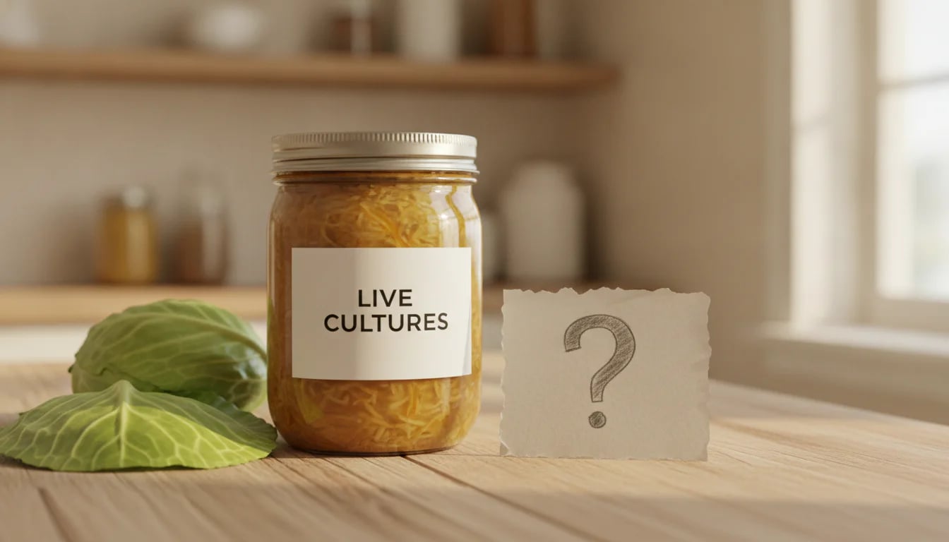 Jar of sauerkraut with 'Live Cultures' label beside question mark notecard