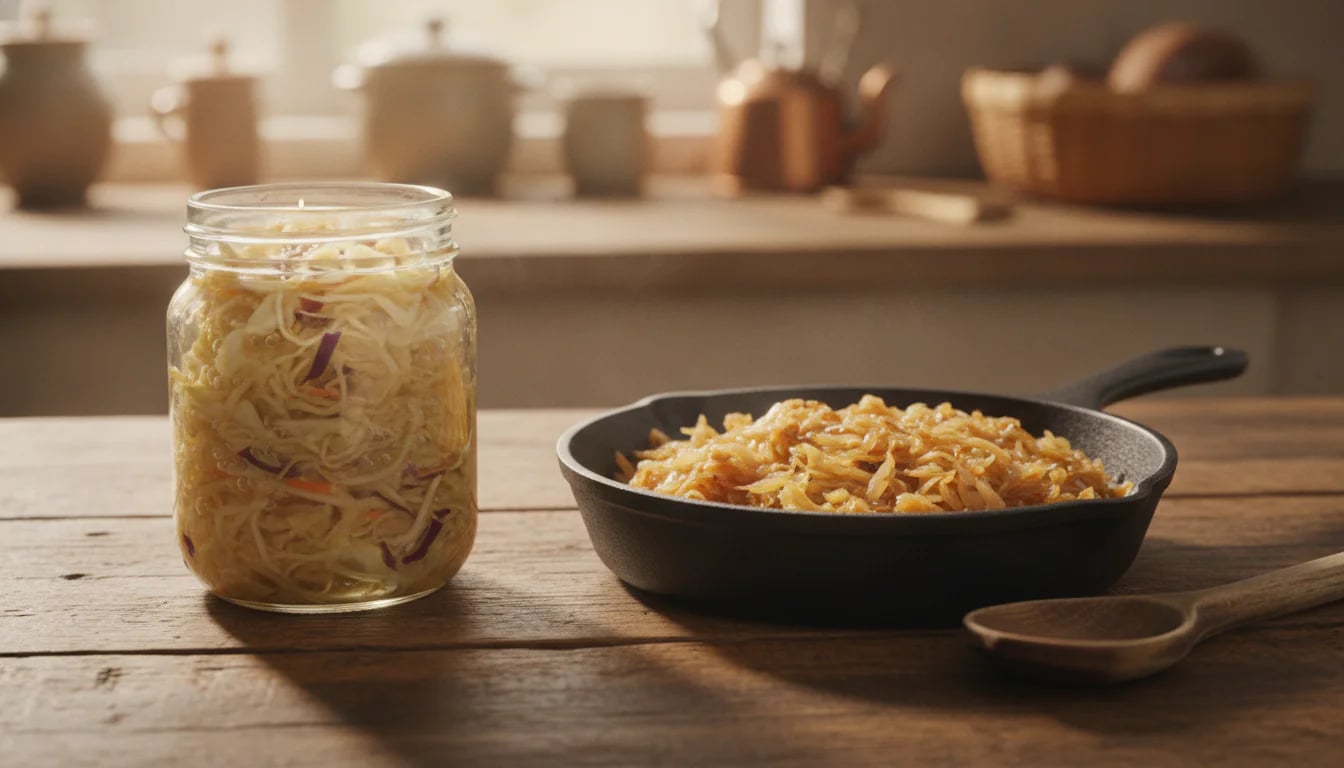 Raw sauerkraut jar beside skillet of cooked sauerkraut showing postbiotic stability
