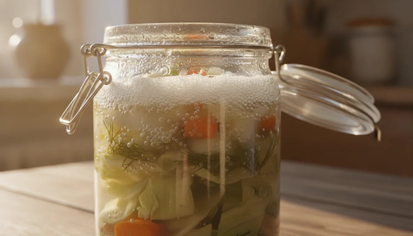 Close-up of fermentation jar showing active bubbles rising in brine