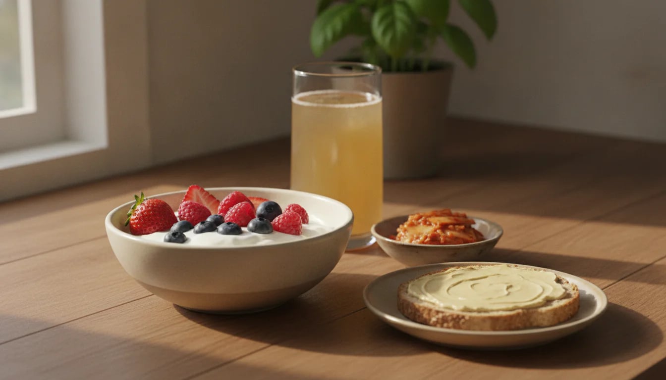 Breakfast spread with yogurt, kimchi, kombucha, and miso toast on kitchen counter