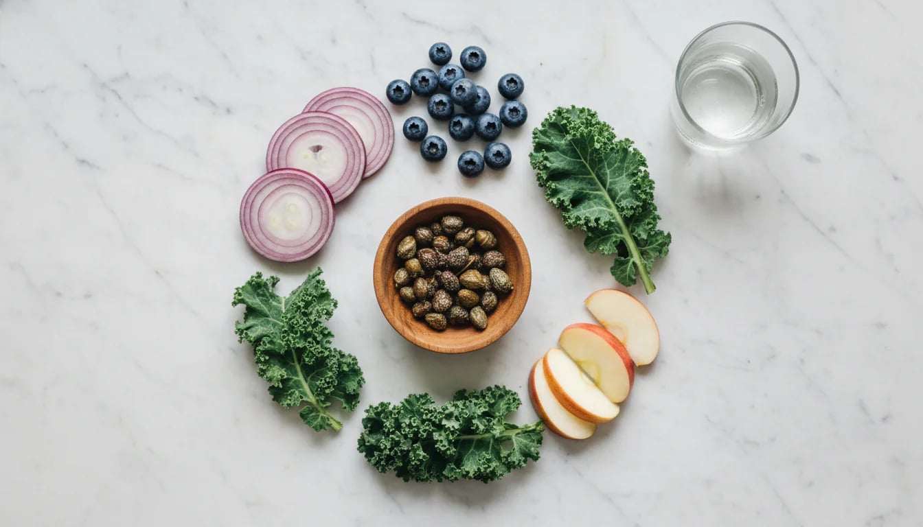 Overhead view of quercetin-rich foods including capers, red onion, blueberries, kale, and apple slices on marble surface