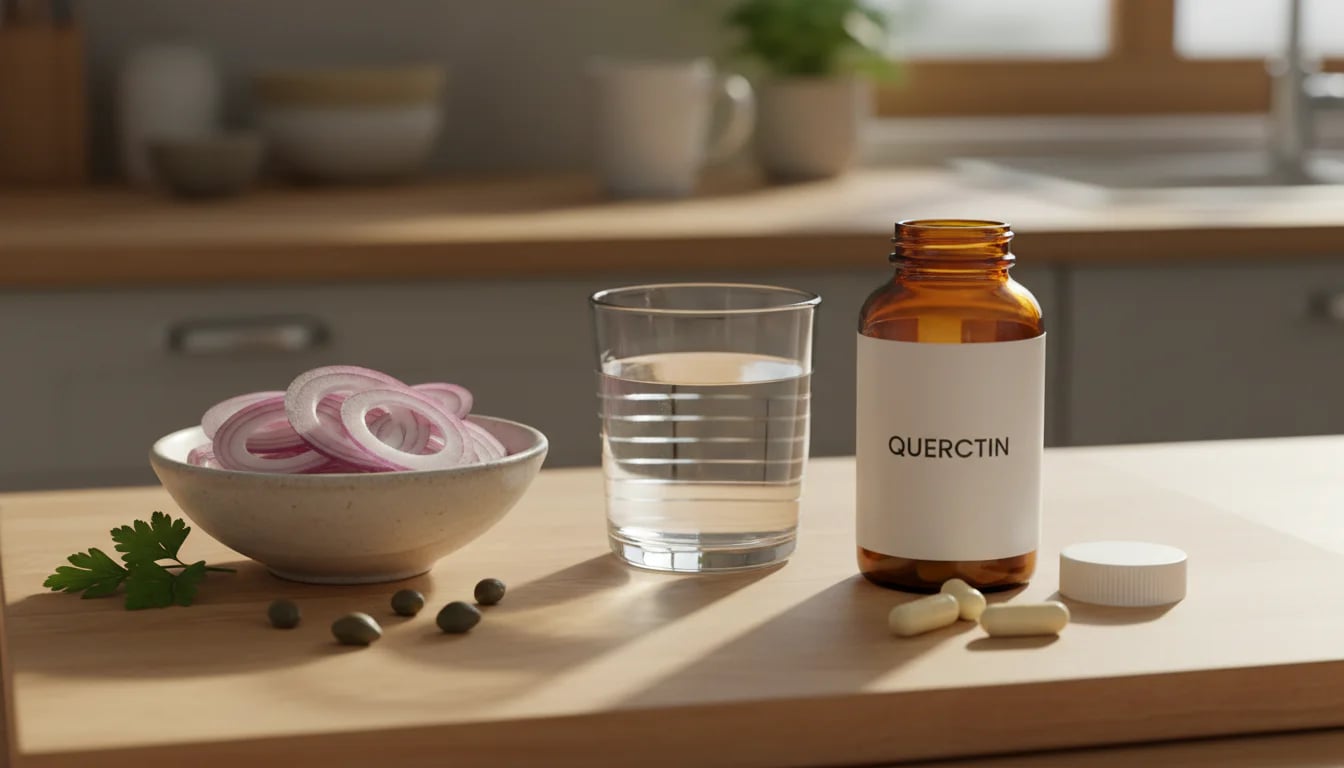 Comparison of quercetin from food sources like onions versus supplement capsules on wooden surface