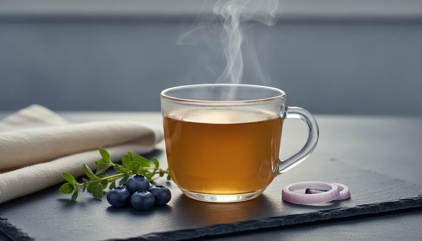 Glass teacup with amber herbal tea surrounded by quercetin-rich blueberries and herbs on slate surface