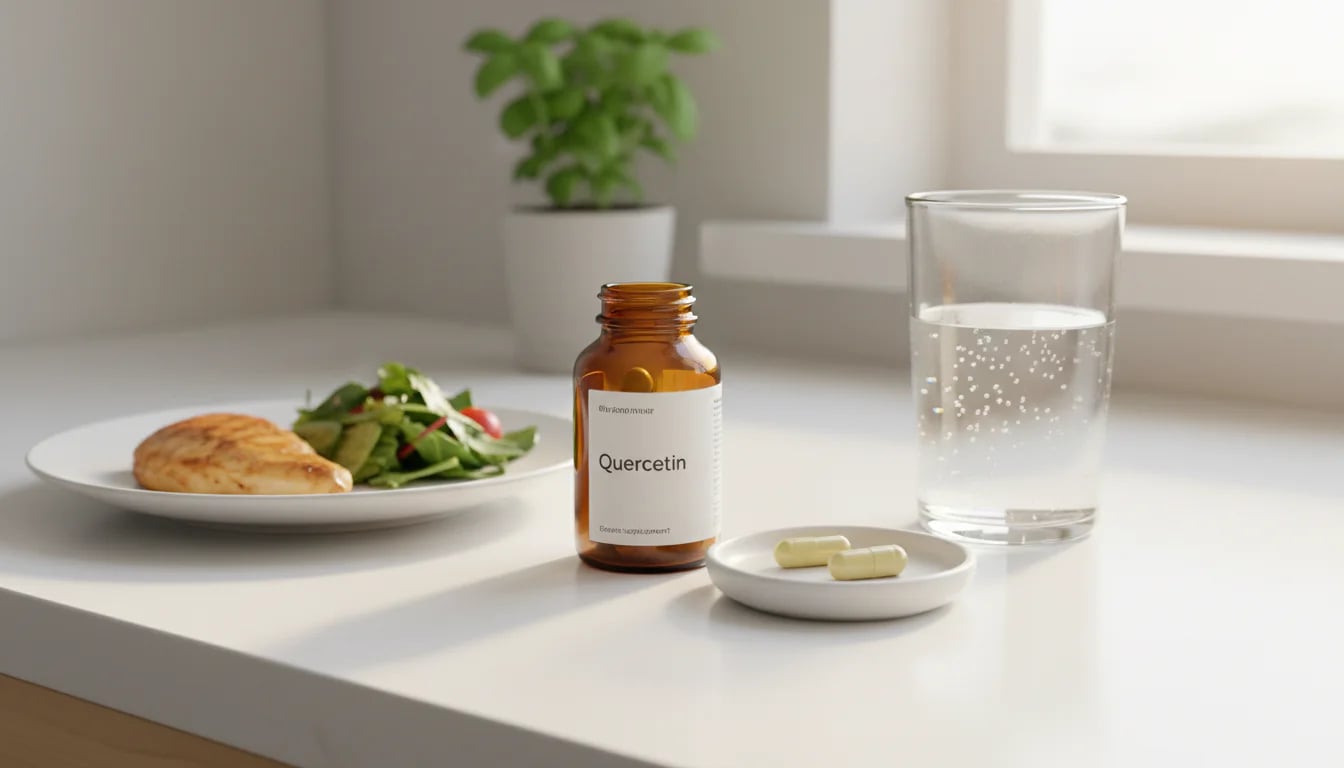 Quercetin supplement bottle with capsules beside lunch plate and water glass on white counter