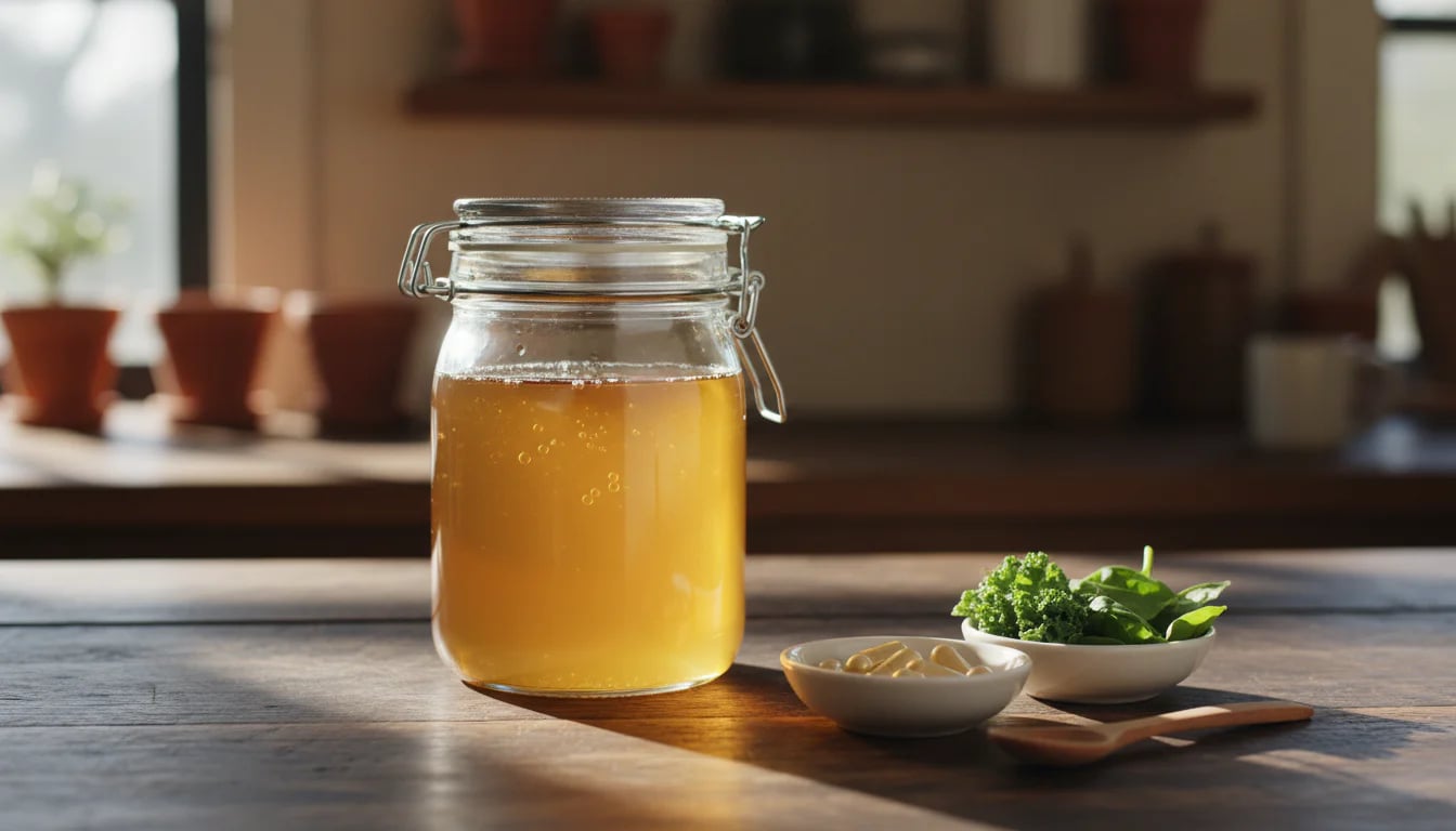 Glass jar of bone broth with quercetin supplements and fresh greens on dark wooden surface
