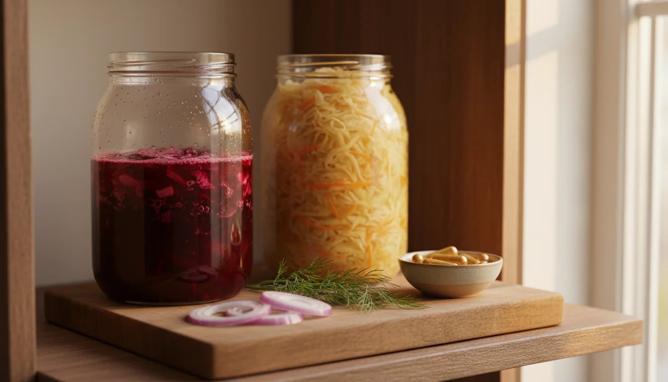 Jars of fermented beets and sauerkraut with fresh onions, dill, and quercetin supplements on wooden shelf