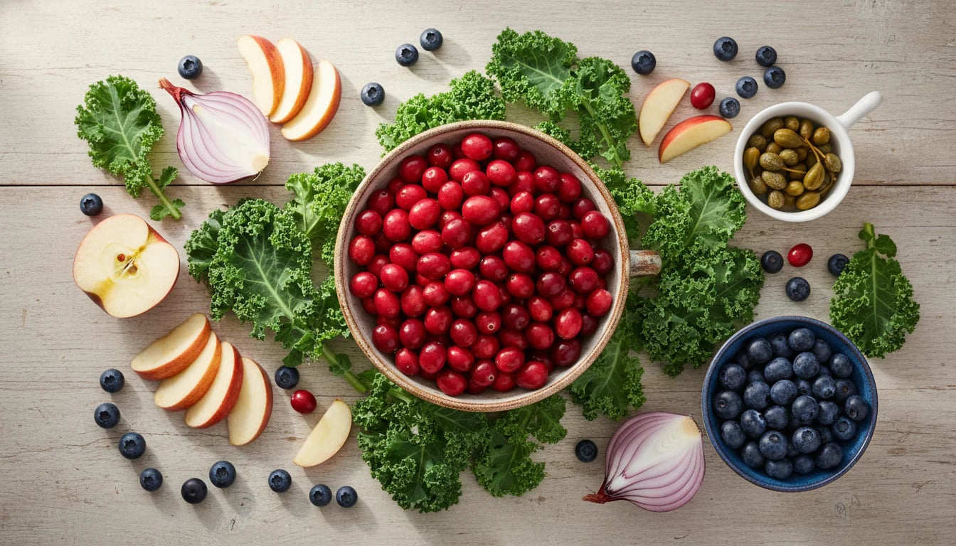 Overhead view of colorful quercetin-rich foods including cranberries, kale, apples, blueberries, onions, and capers