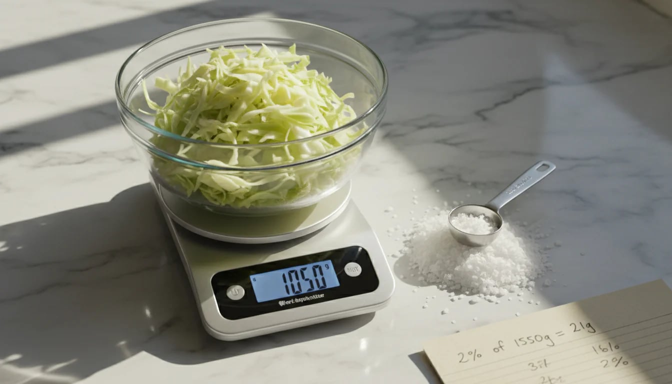 Digital kitchen scale weighing shredded cabbage with salt and notepad nearby on marble counter