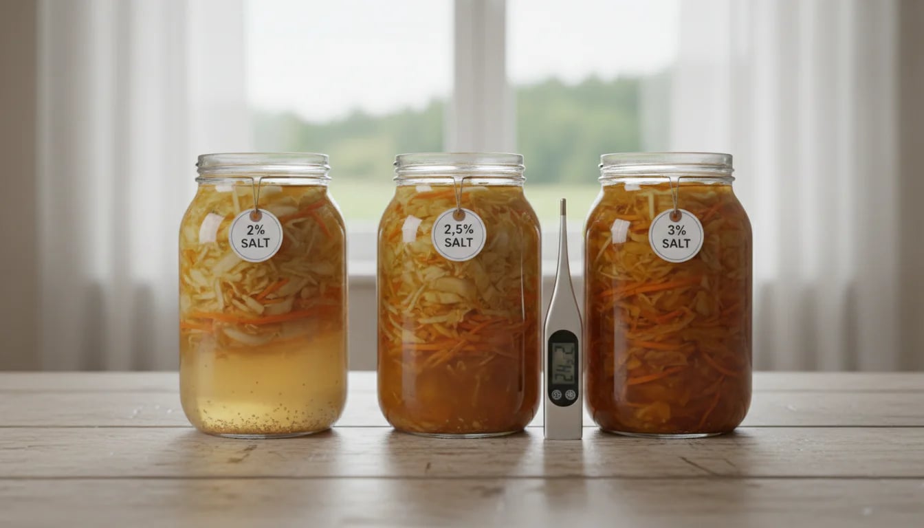 Three glass jars of fermented vegetables with different salt ratio labels and a thermometer