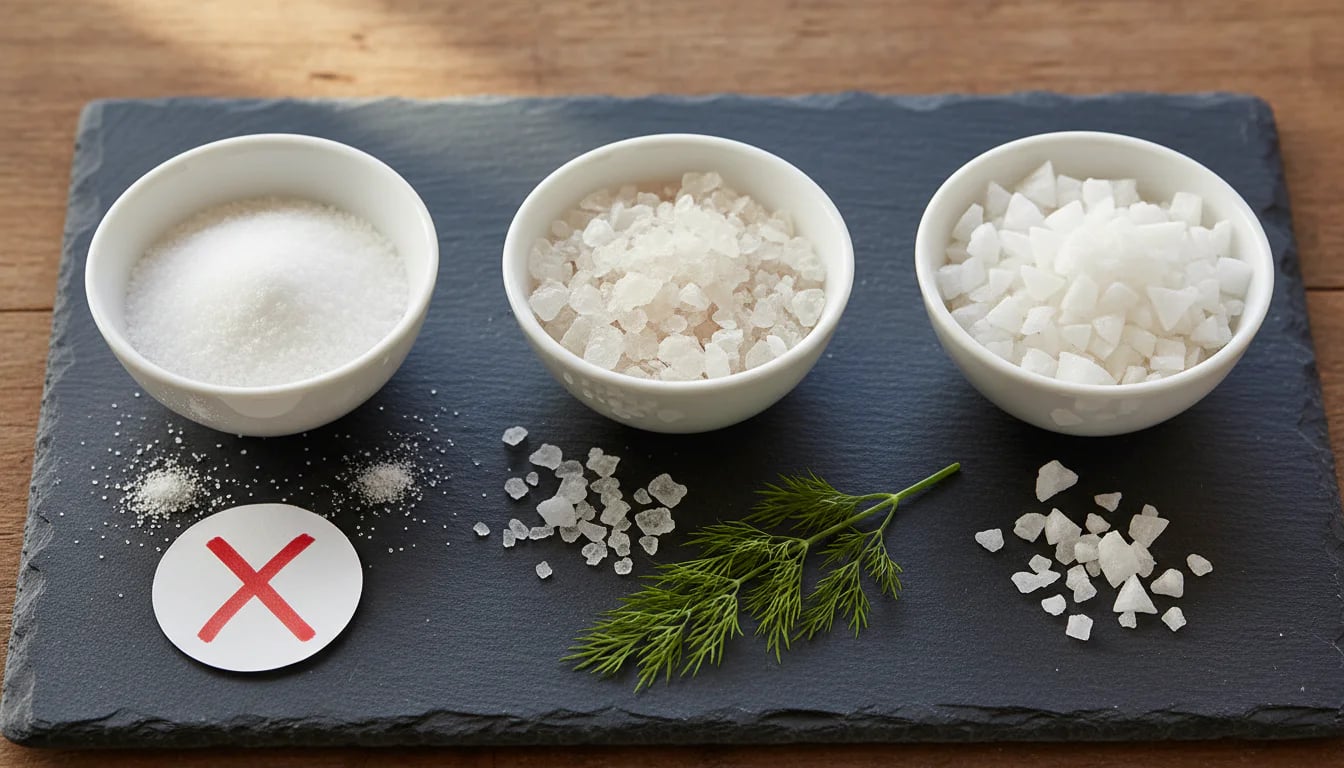 Three bowls showing different salt types - table salt, sea salt, and kosher salt on dark slate