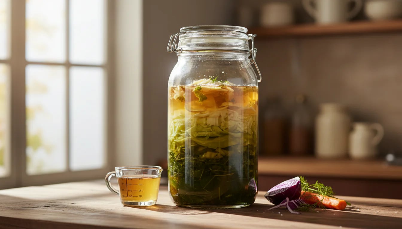 Glass fermentation jar with layered vegetables showing gradient effect with measuring cup beside it