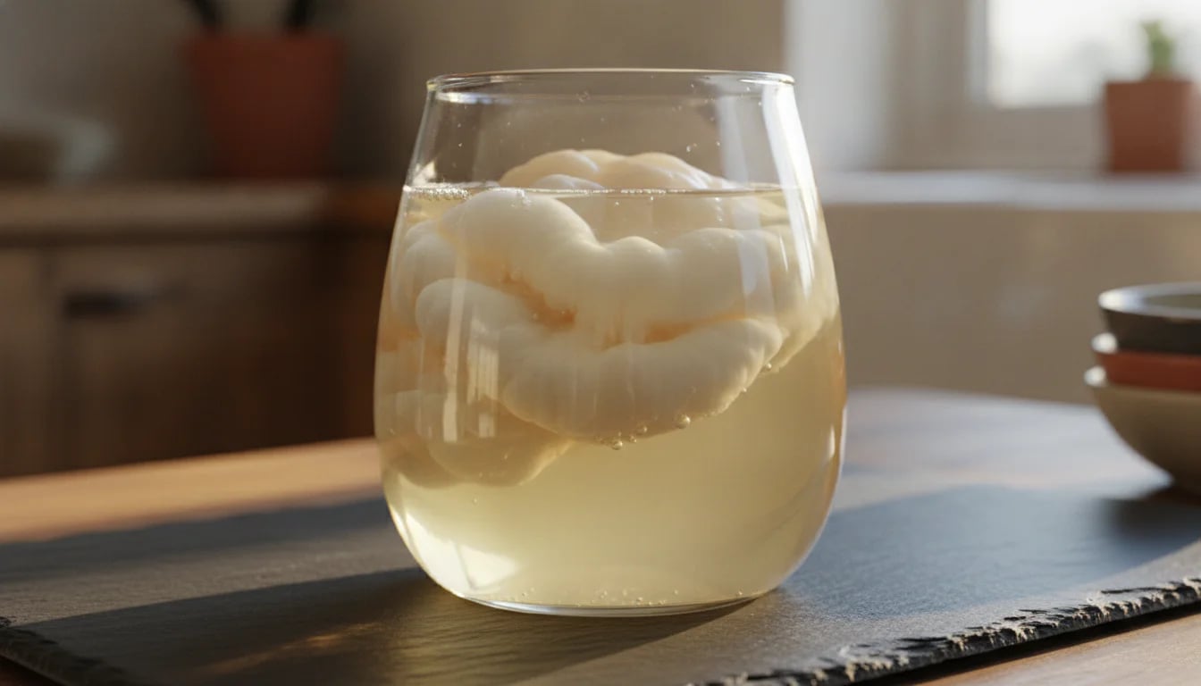Kombucha SCOBY floating in glass jar showing delicate living culture