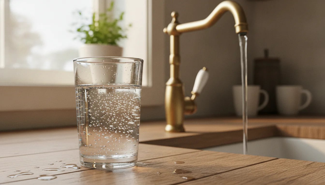 Glass of fresh tap water beside running faucet on marble counter