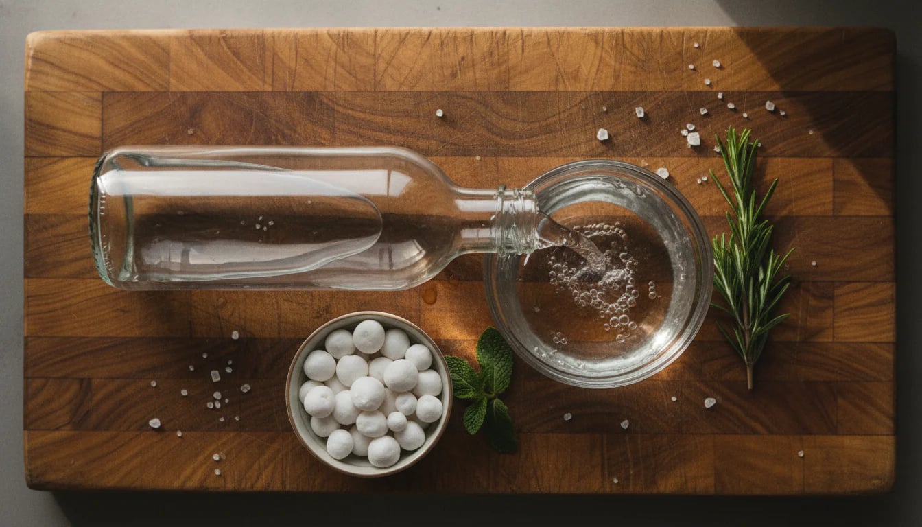 Spring water bottle with kefir grains and minerals arranged on wooden board